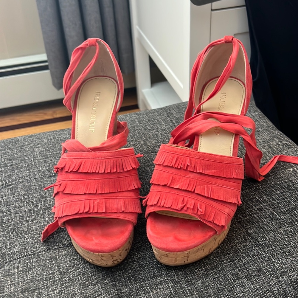 Coral fringe Ivanka trump wedges